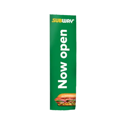 Vertical advertising banner with the Subway logo on top, featuring a sandwich, and the words 'Now open' on a green background.